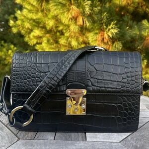 Perlina Handbag Clutch Shoulder Strap Italian Leather Emboss Croc Silver Accents